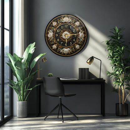 Gold Detay Çiçekli Cam Duvar Saati