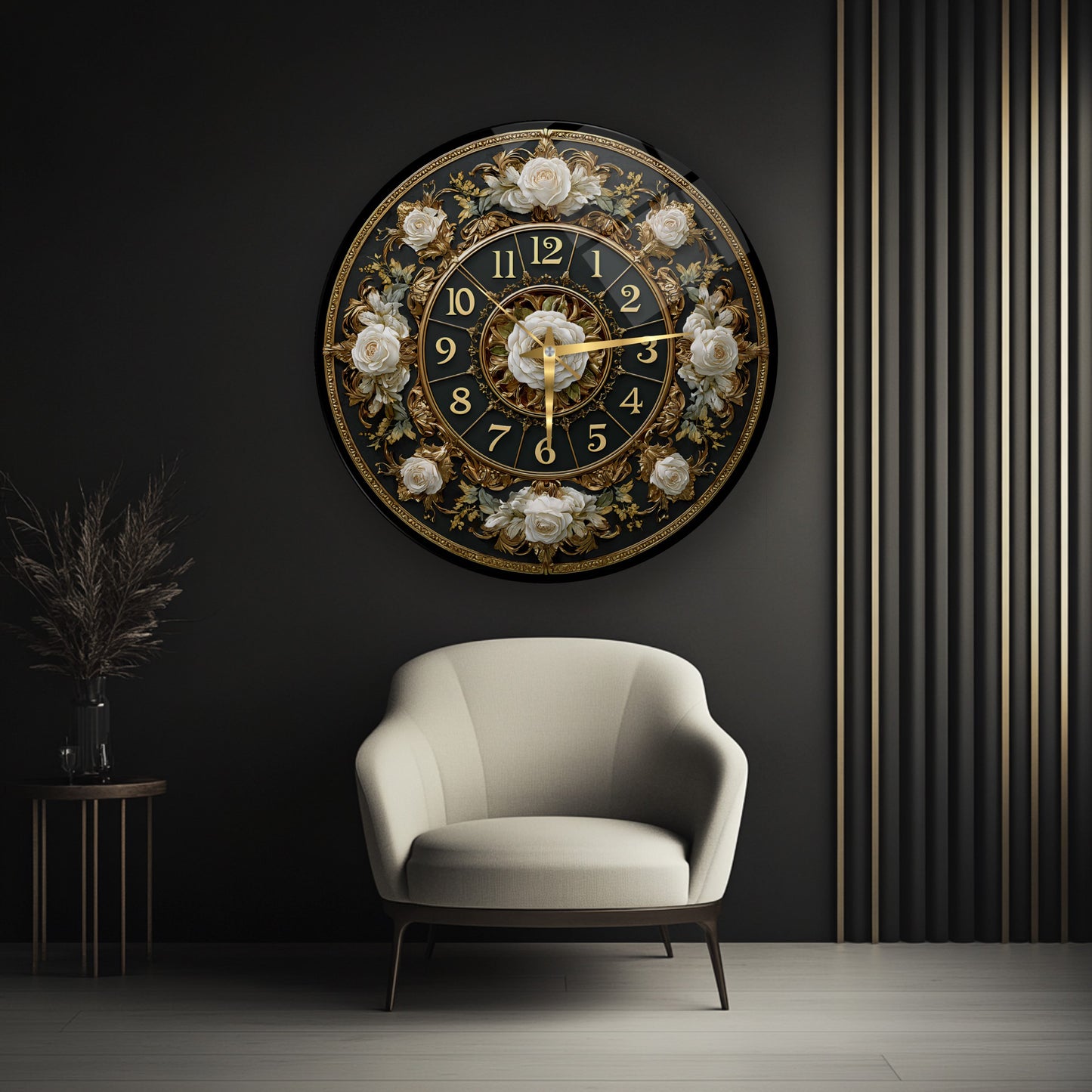 Gold Detay Çiçekli Cam Duvar Saati