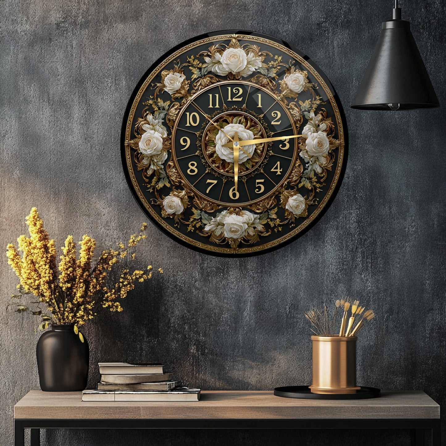 Gold Detay Çiçekli Cam Duvar Saati