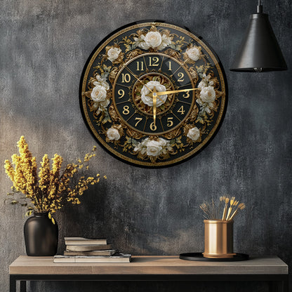Gold Detay Çiçekli Cam Duvar Saati