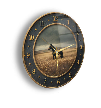 Siyah At Cam Duvar Saati