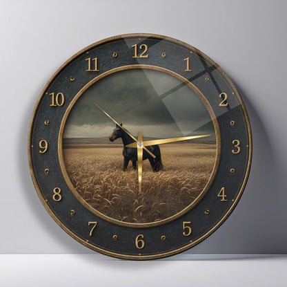 Siyah At Cam Duvar Saati