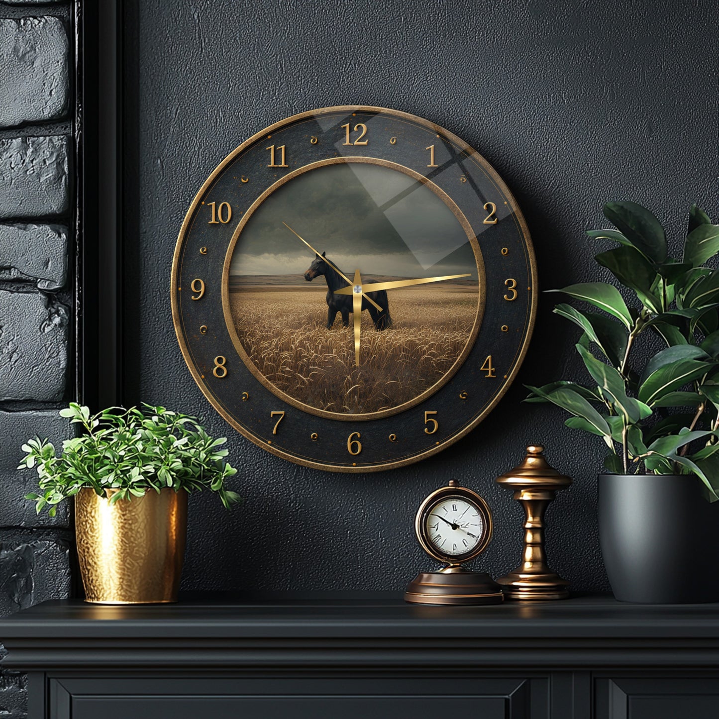 Siyah At Cam Duvar Saati