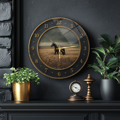 Siyah At Cam Duvar Saati