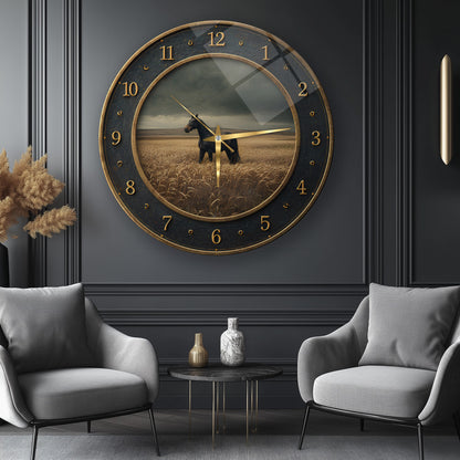 Siyah At Cam Duvar Saati