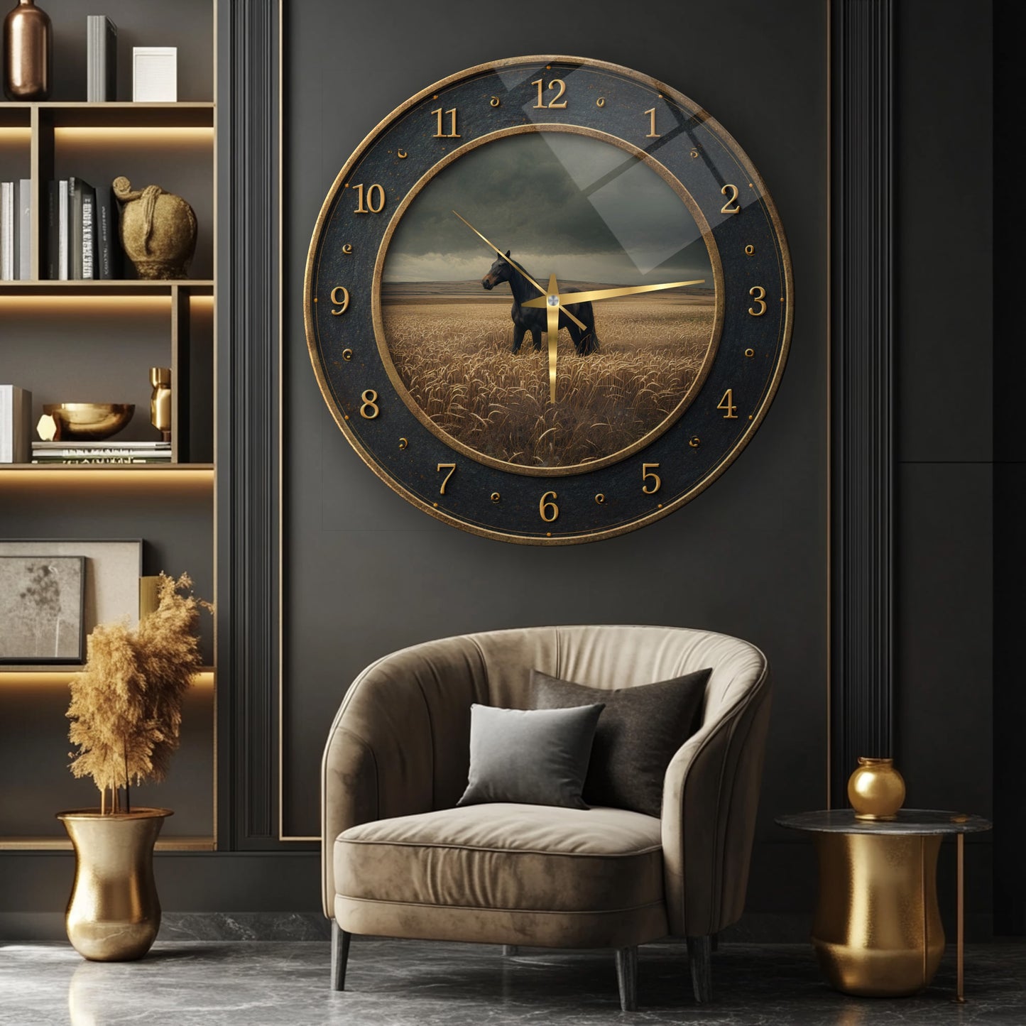 Siyah At Cam Duvar Saati