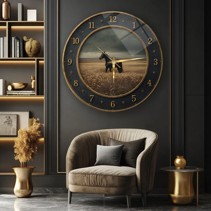 Siyah At Cam Duvar Saati