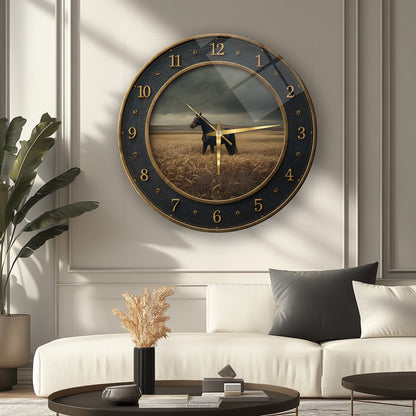 Siyah At Cam Duvar Saati