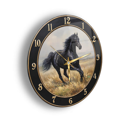 Siyah At Cam Duvar Saati