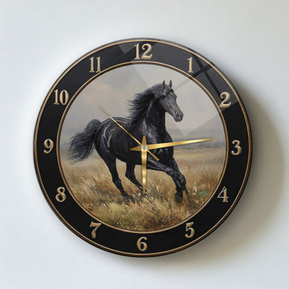 Siyah At Cam Duvar Saati