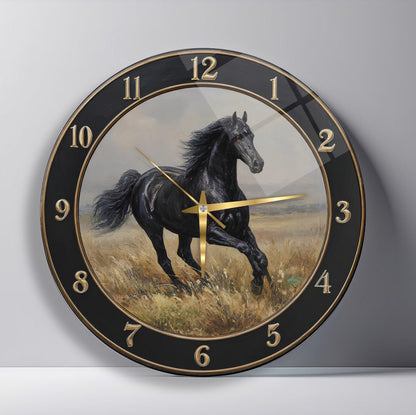 Siyah At Cam Duvar Saati