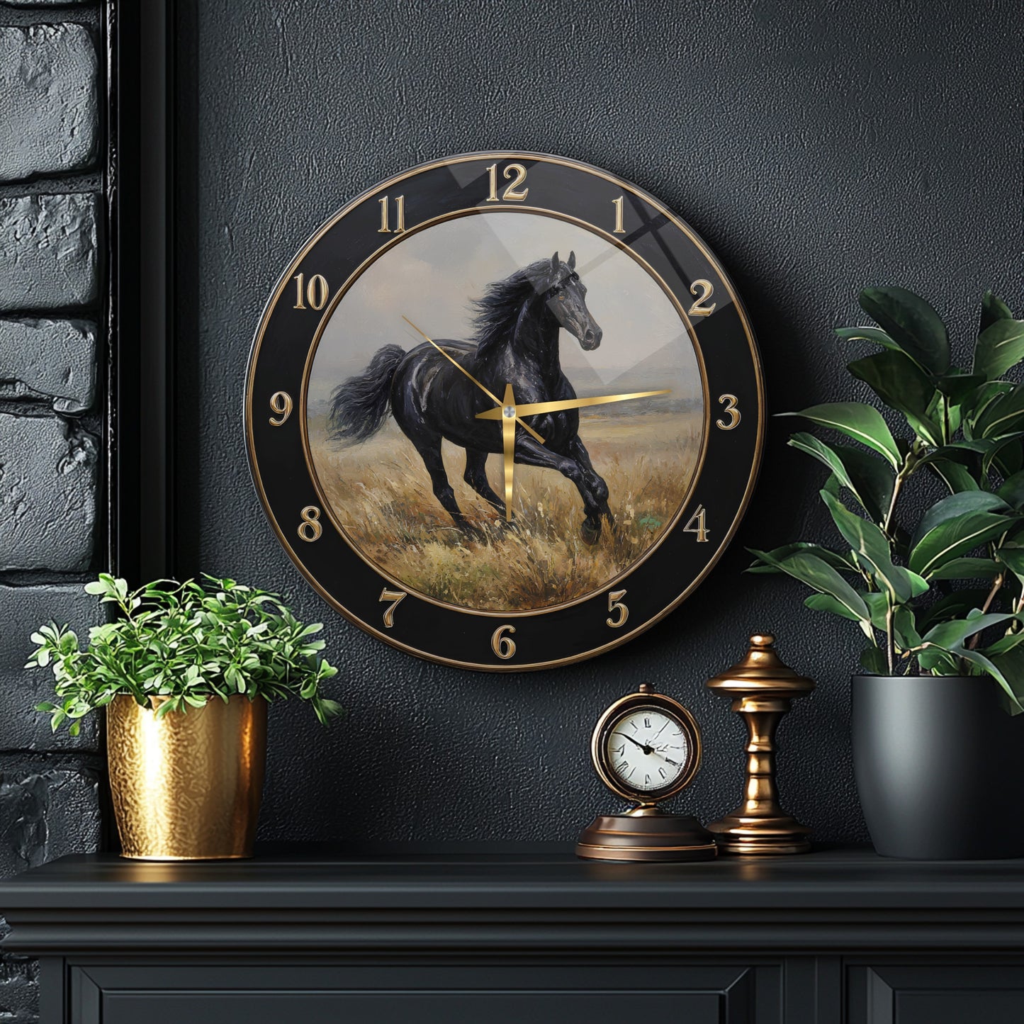 Siyah At Cam Duvar Saati