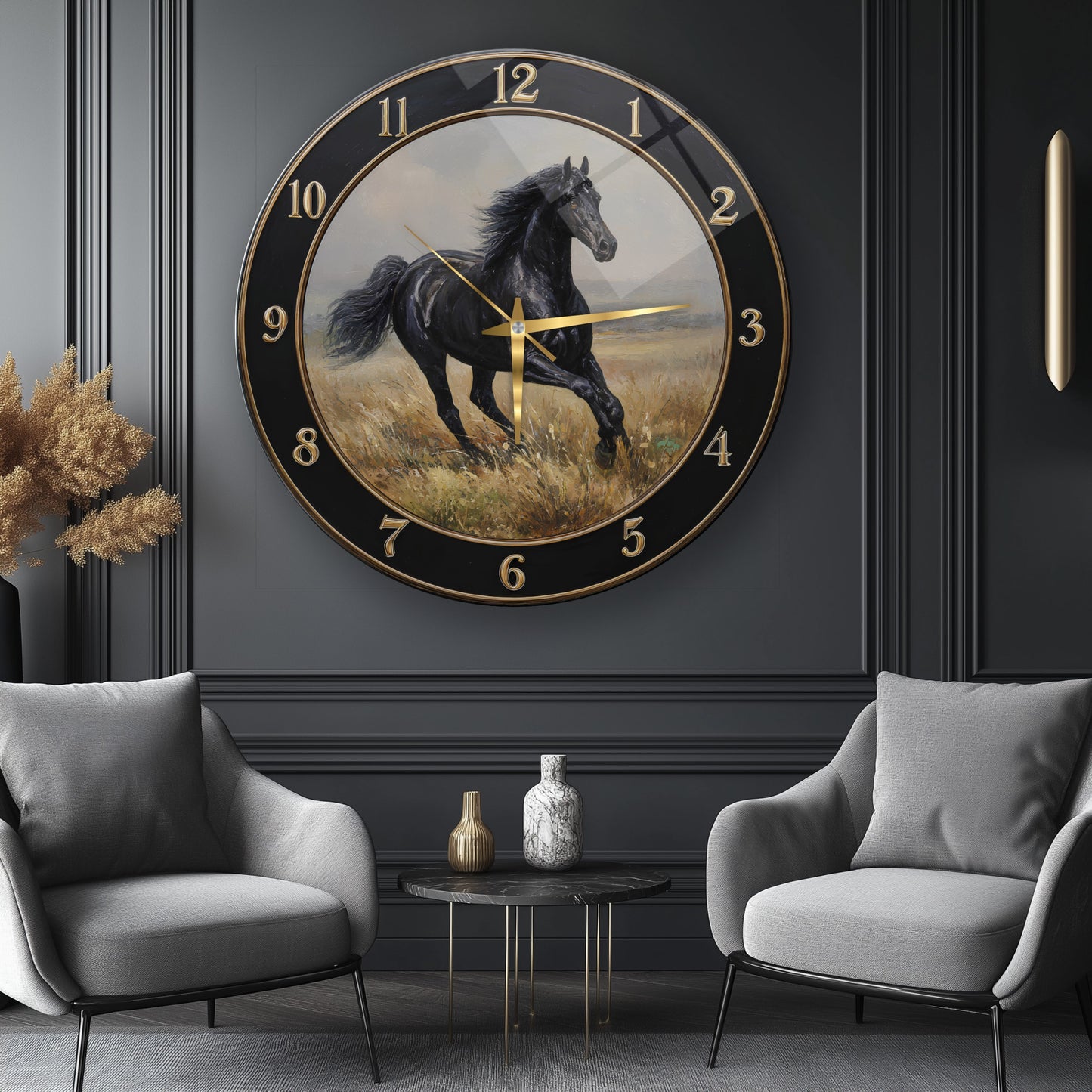 Siyah At Cam Duvar Saati