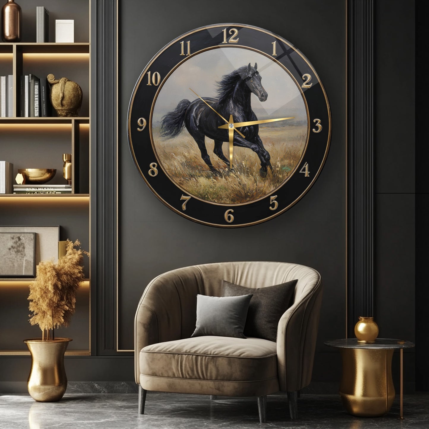 Siyah At Cam Duvar Saati