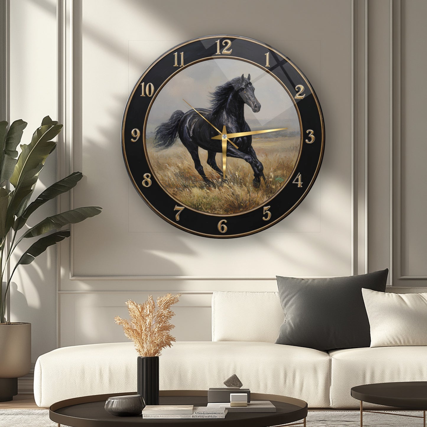 Siyah At Cam Duvar Saati