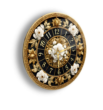 Gold Detay Çiçekler Cam Duvar Saati