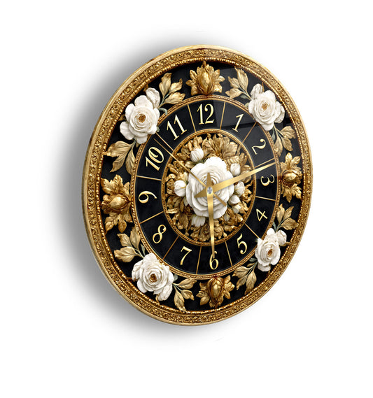 Gold Detay Çiçekler Cam Duvar Saati