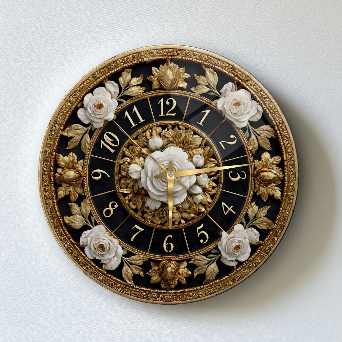 Gold Detay Çiçekler Cam Duvar Saati