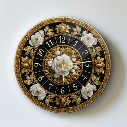 Gold Detay Çiçekler Cam Duvar Saati