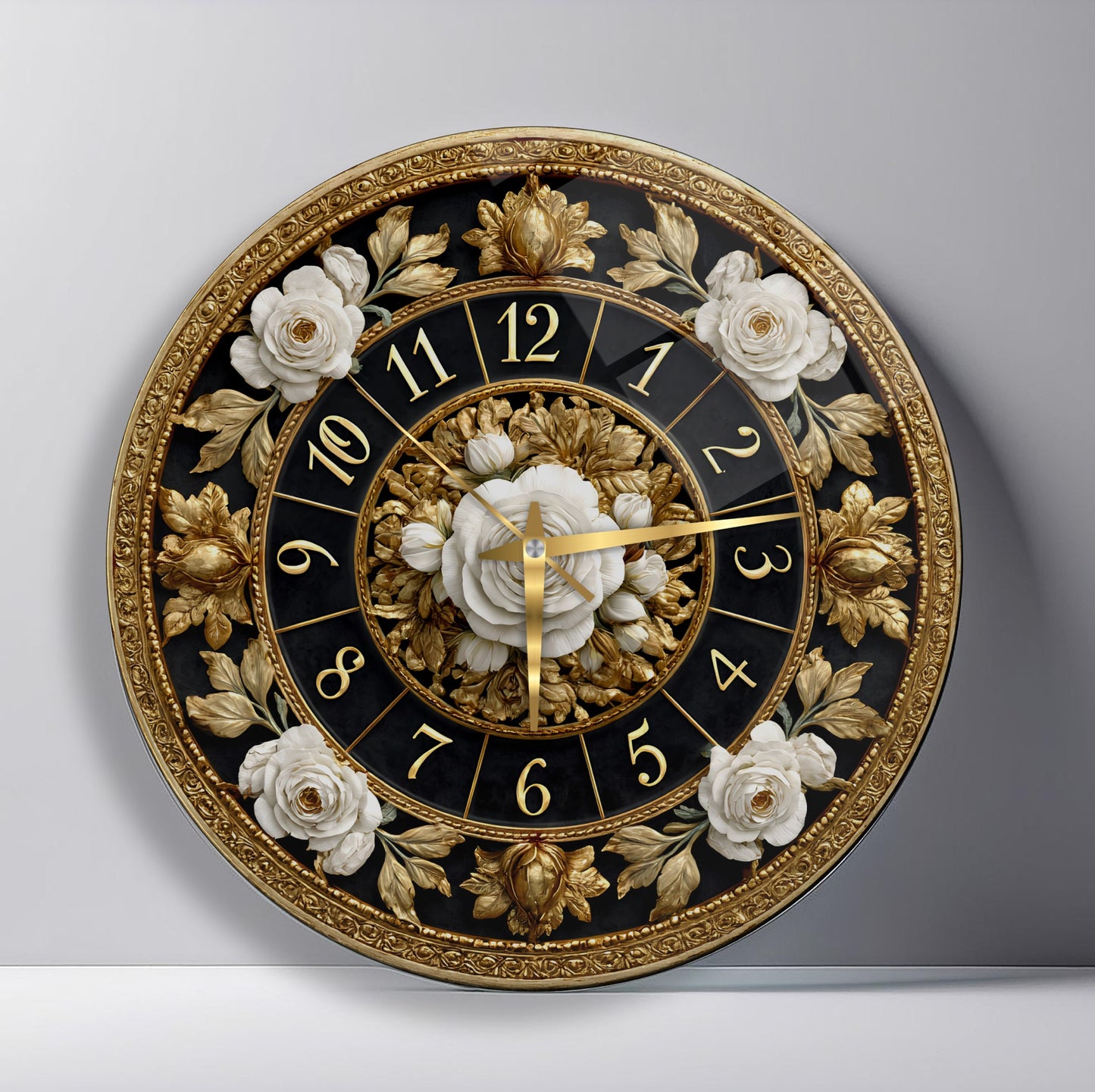 Gold Detay Çiçekler Cam Duvar Saati