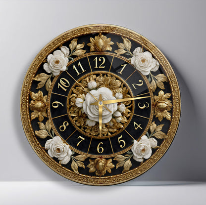 Gold Detay Çiçekler Cam Duvar Saati