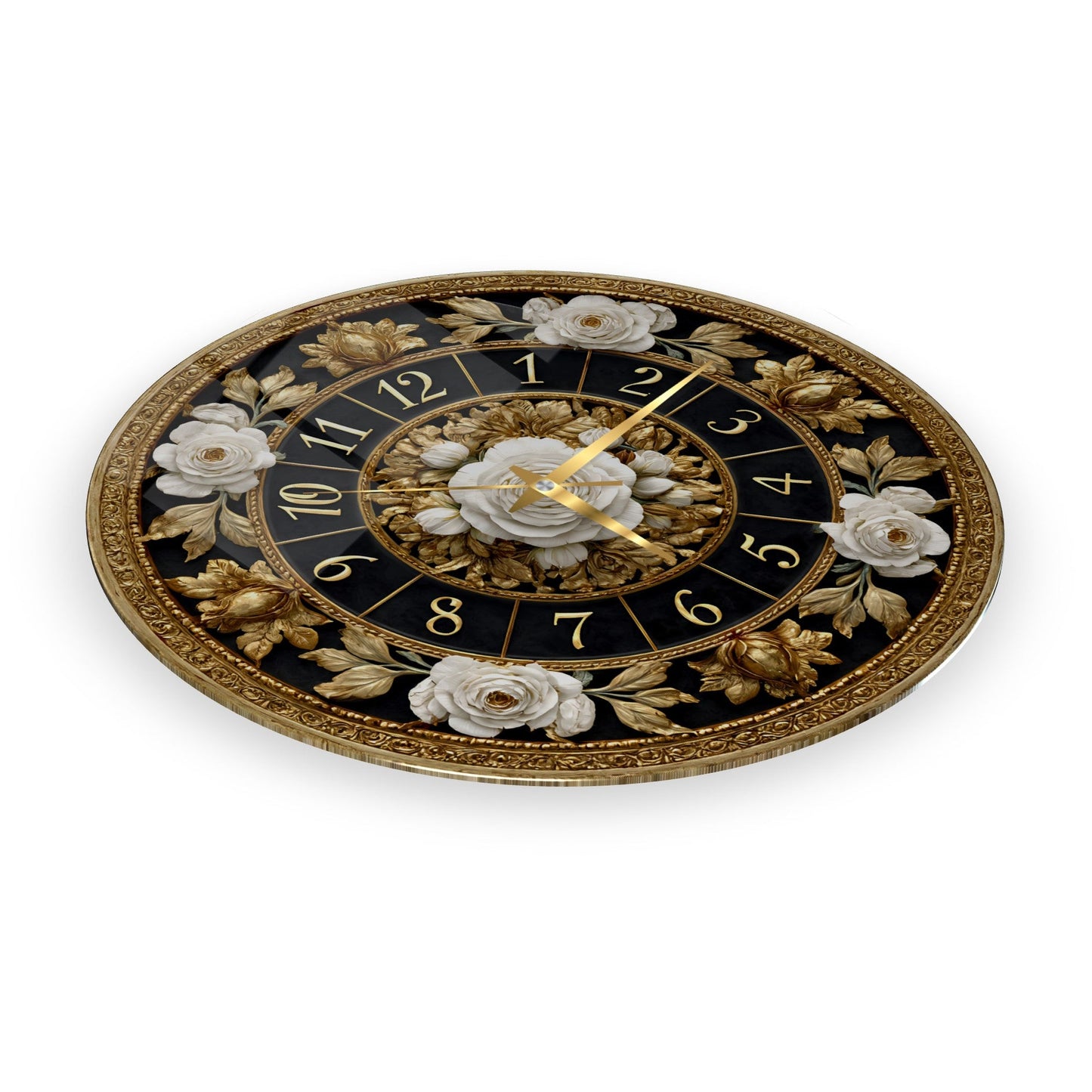 Gold Detay Çiçekler Cam Duvar Saati
