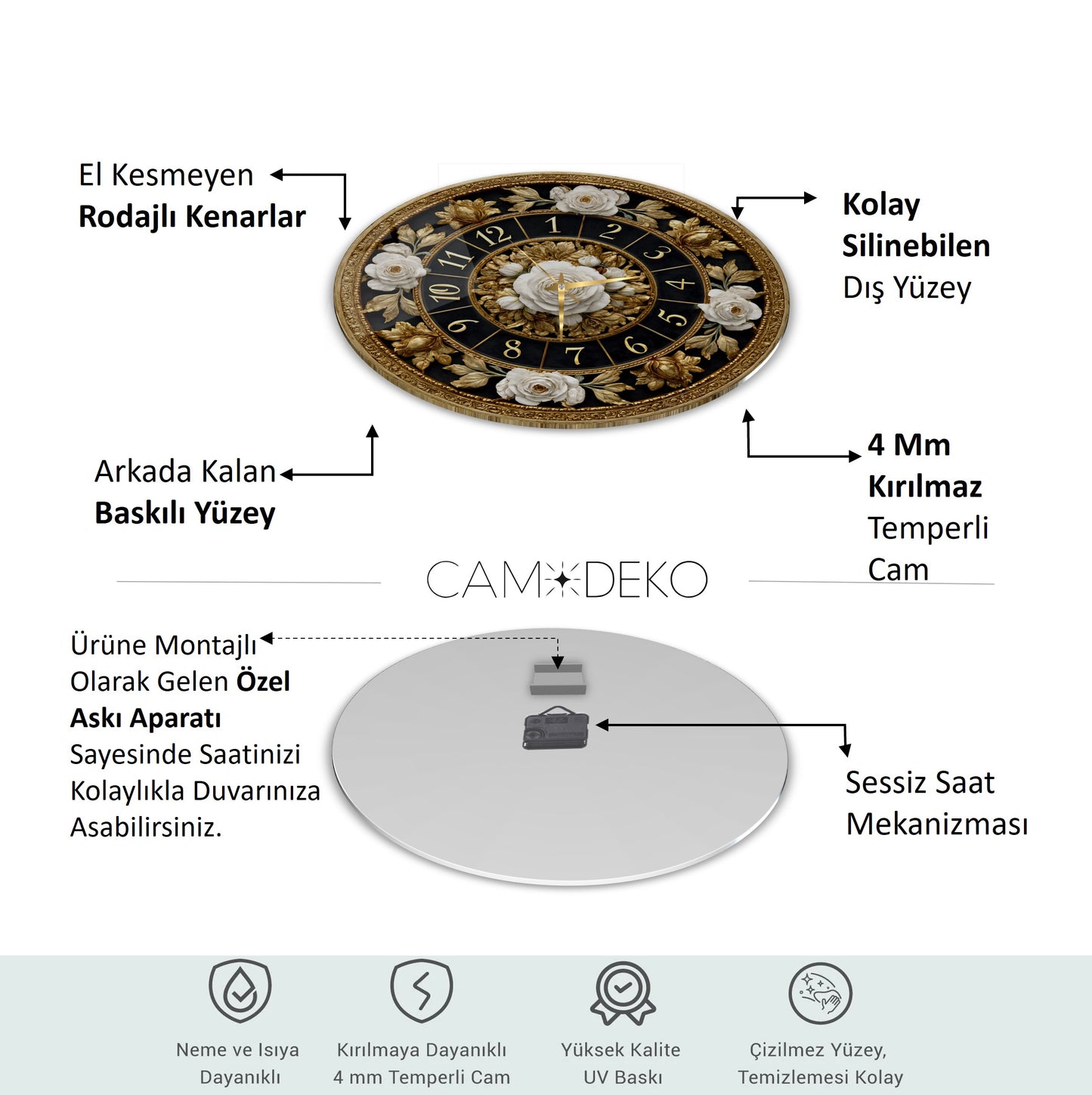 Gold Detay Çiçekler Cam Duvar Saati