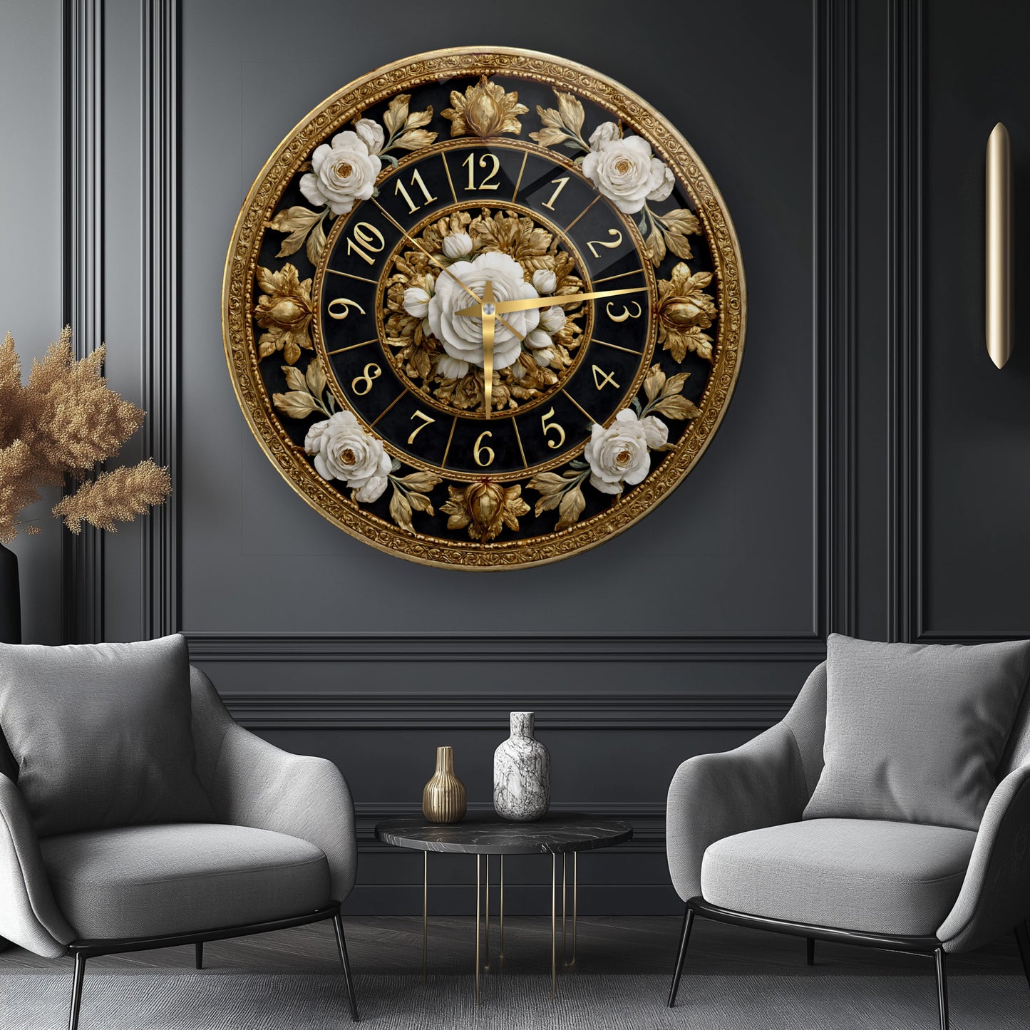 Gold Detay Çiçekler Cam Duvar Saati
