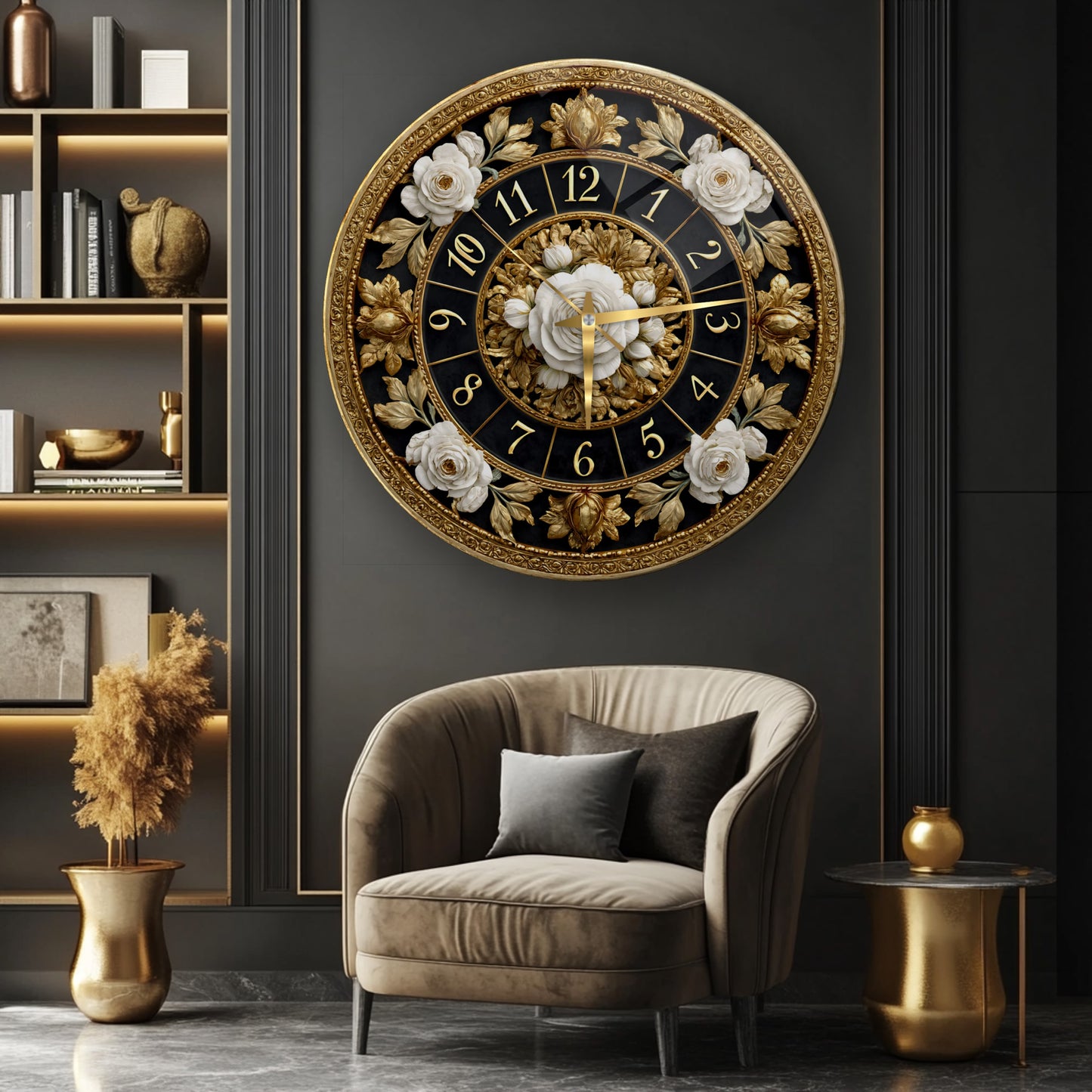 Gold Detay Çiçekler Cam Duvar Saati