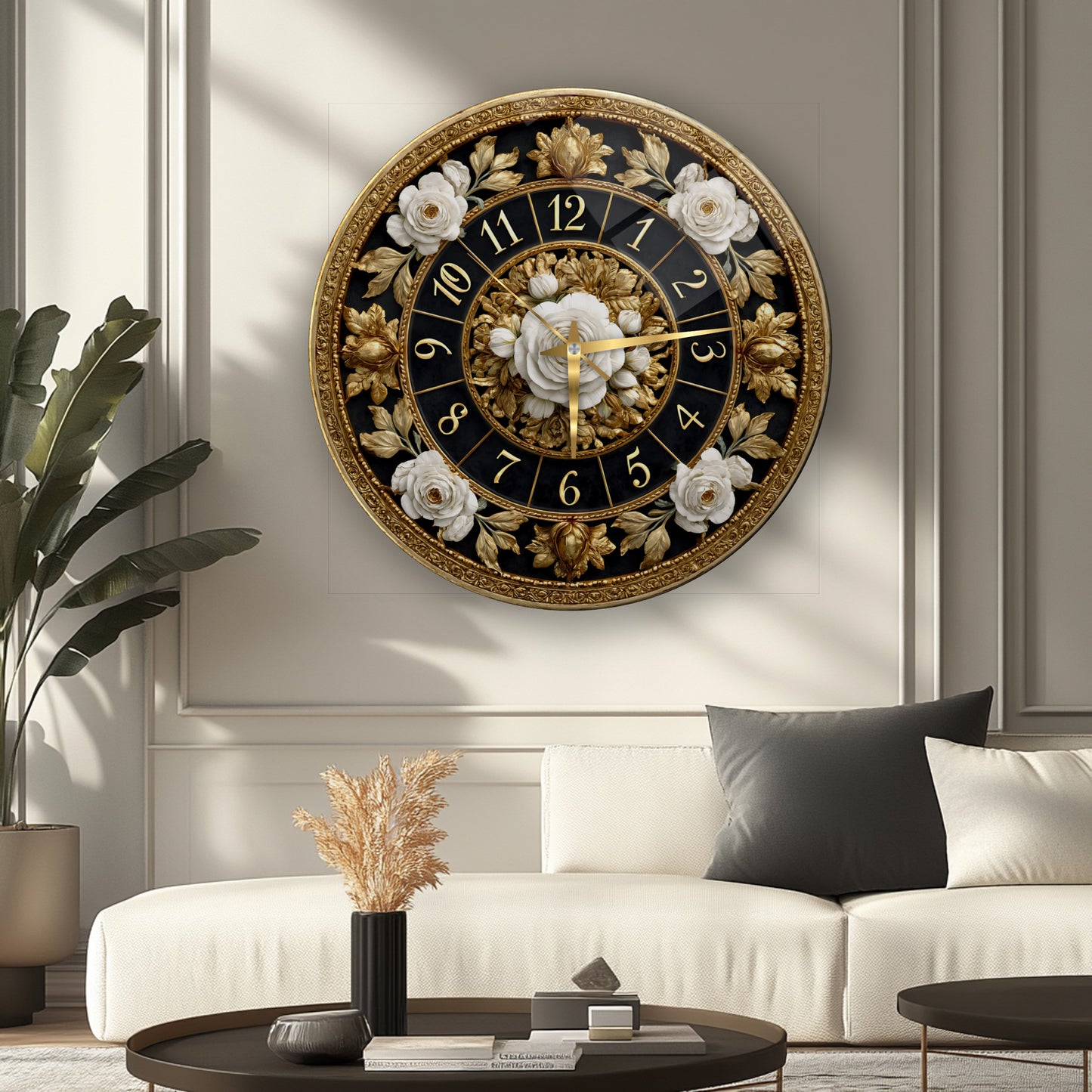 Gold Detay Çiçekler Cam Duvar Saati
