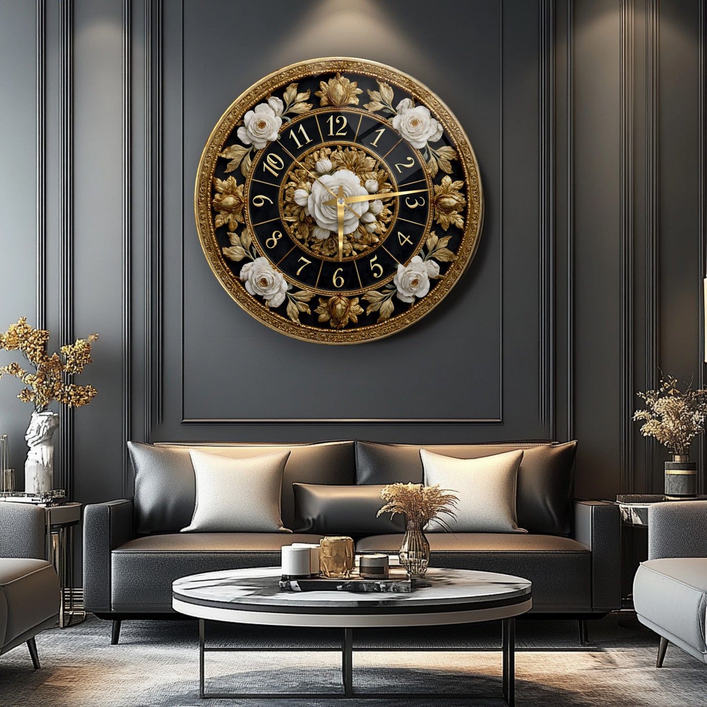 Gold Detay Çiçekler Cam Duvar Saati