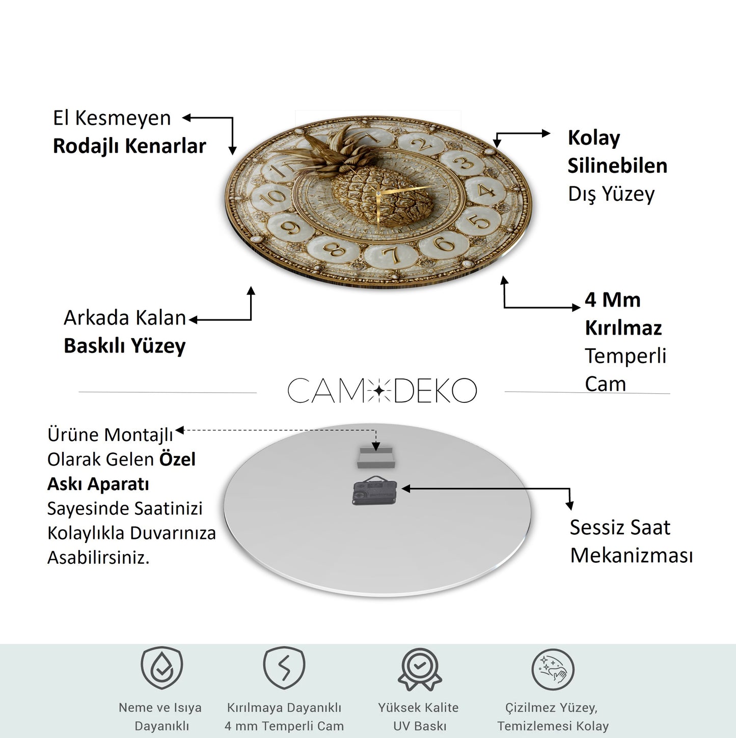 Gold Ananas Cam Duvar Saati