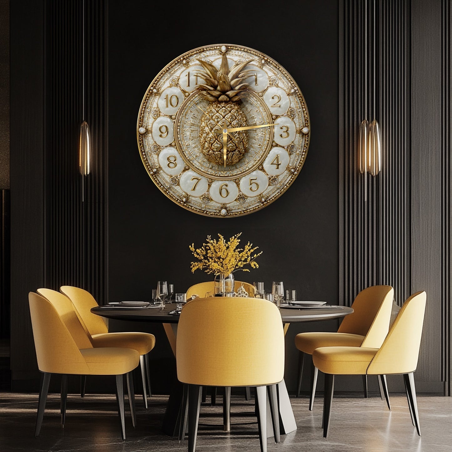 Gold Ananas Cam Duvar Saati