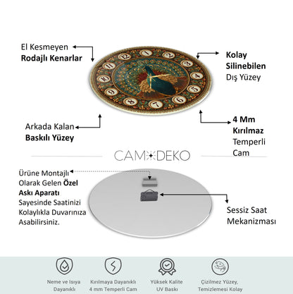 Tavus Kuşu Cam Duvar Saati