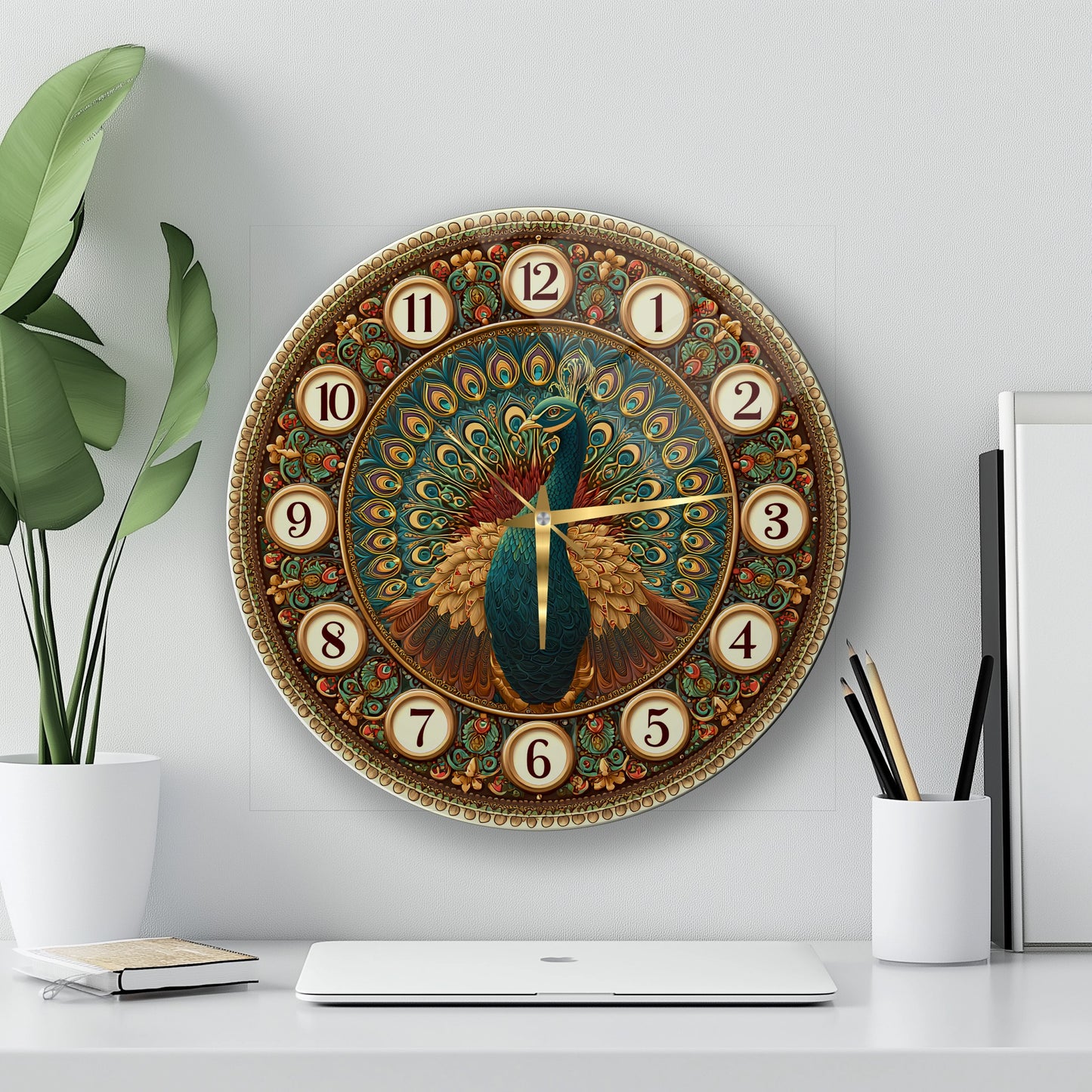 Tavus Kuşu Cam Duvar Saati