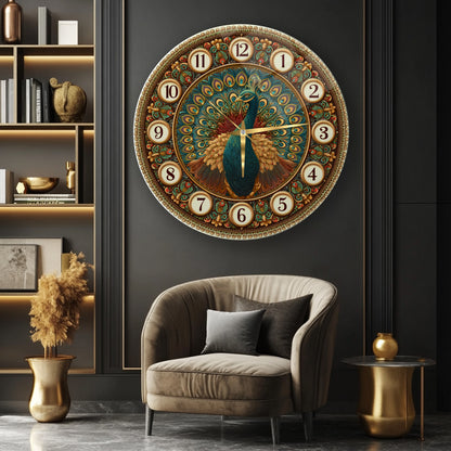 Tavus Kuşu Cam Duvar Saati