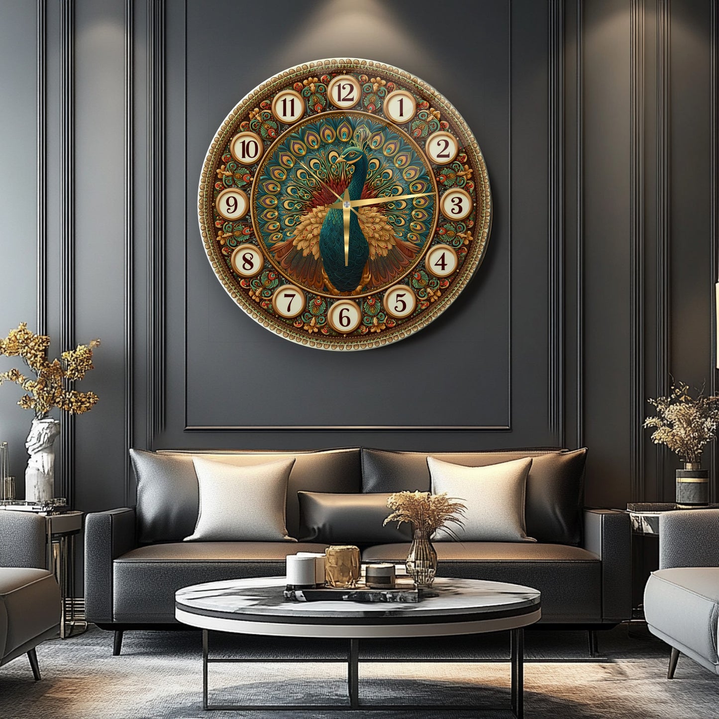 Tavus Kuşu Cam Duvar Saati