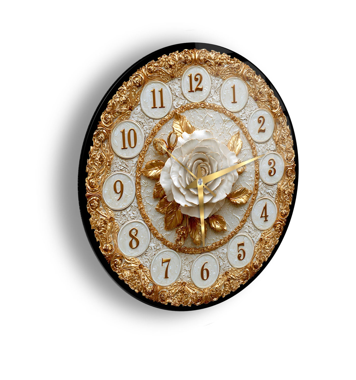 Gold Detay Beyaz Gül Cam Duvar Saati