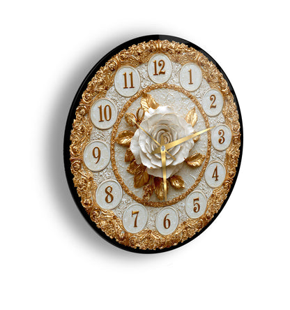 Gold Detay Beyaz Gül Cam Duvar Saati