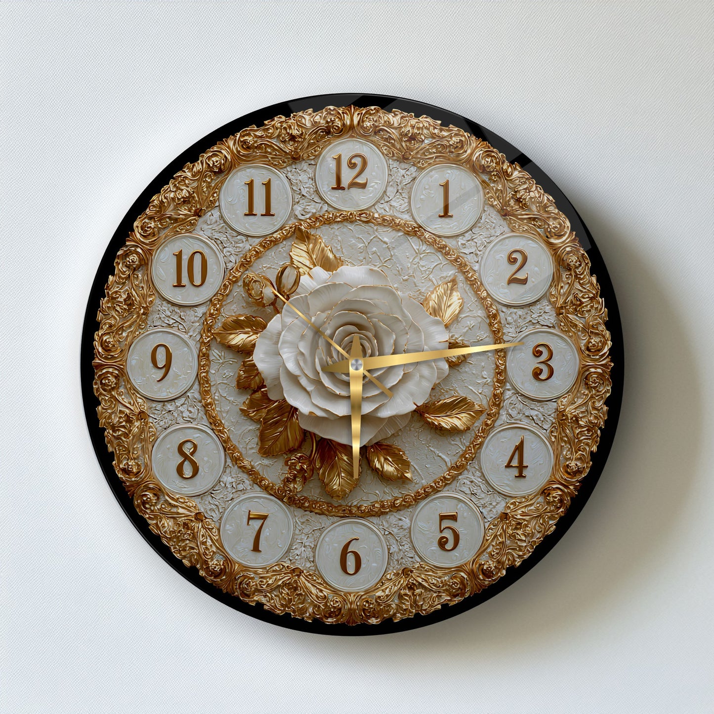 Gold Detay Beyaz Gül Cam Duvar Saati
