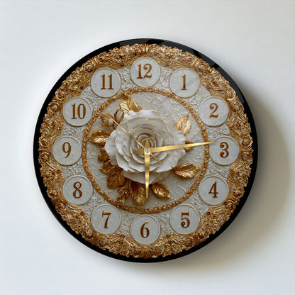 Gold Detay Beyaz Gül Cam Duvar Saati