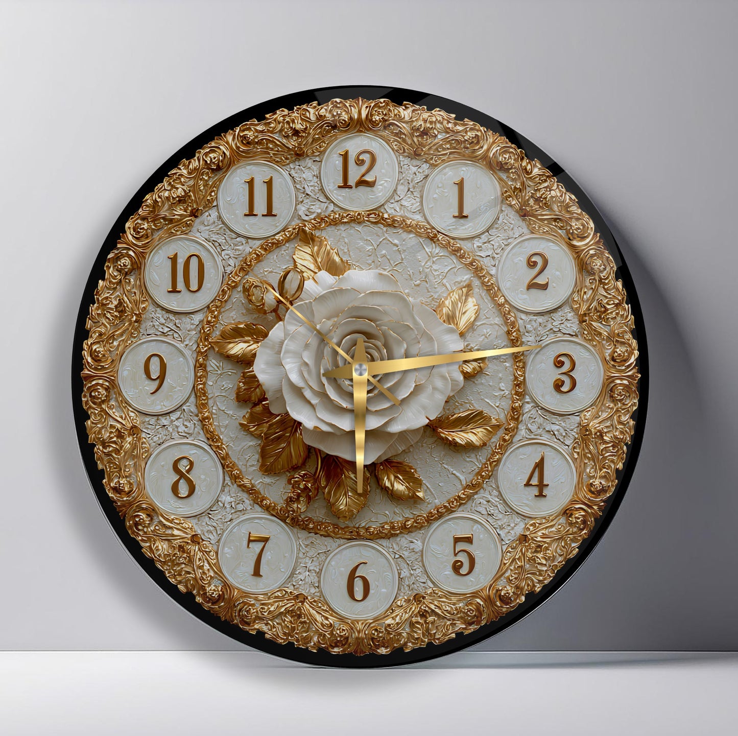 Gold Detay Beyaz Gül Cam Duvar Saati