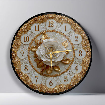 Gold Detay Beyaz Gül Cam Duvar Saati