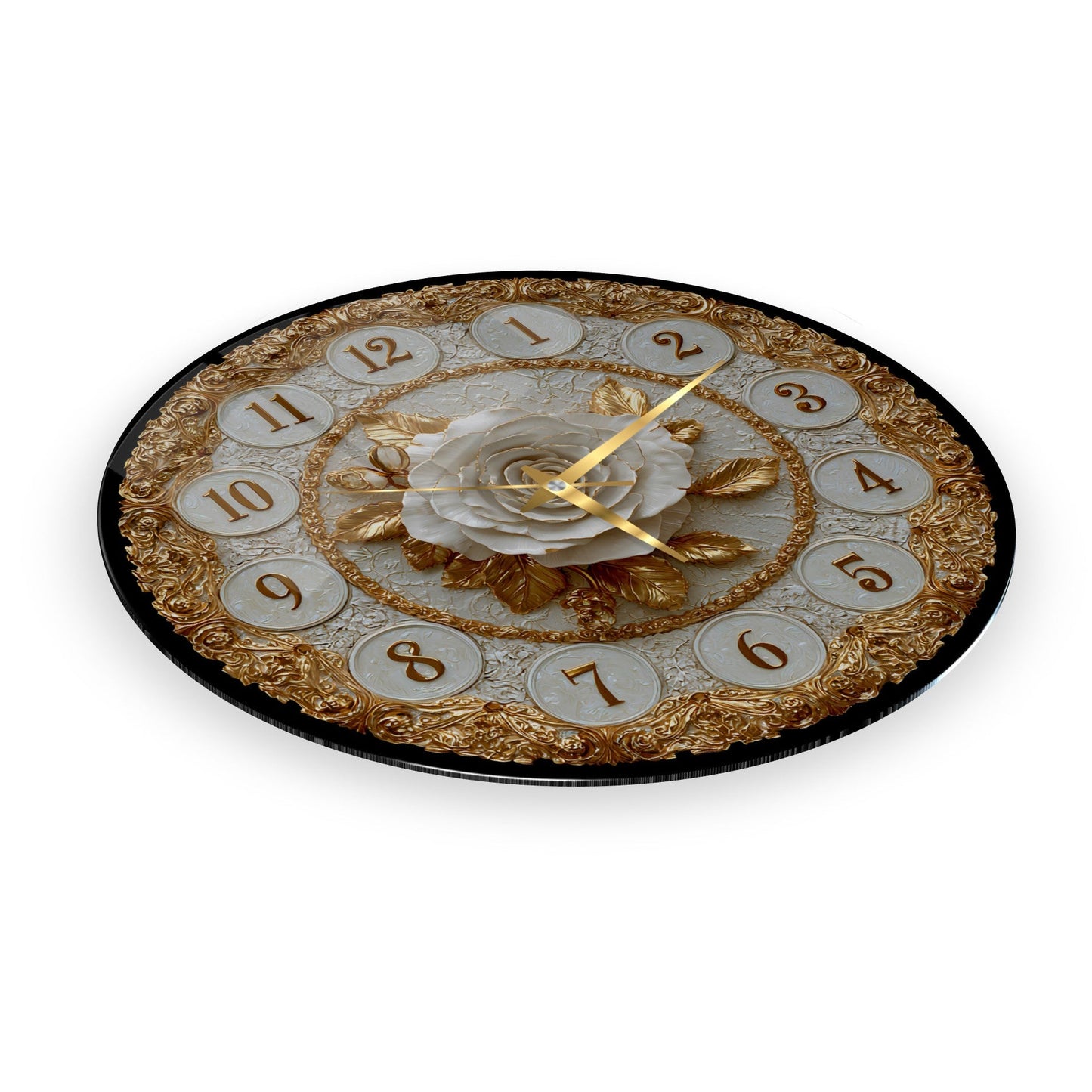 Gold Detay Beyaz Gül Cam Duvar Saati