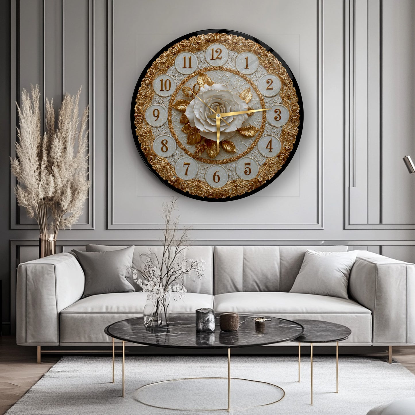 Gold Detay Beyaz Gül Cam Duvar Saati