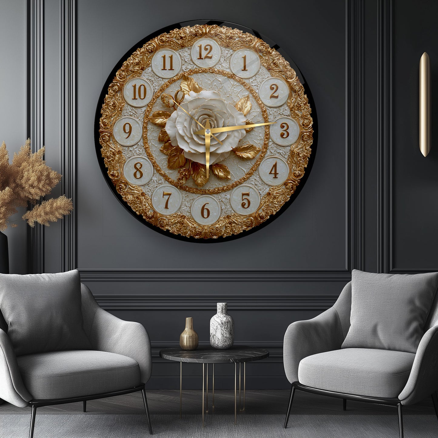 Gold Detay Beyaz Gül Cam Duvar Saati