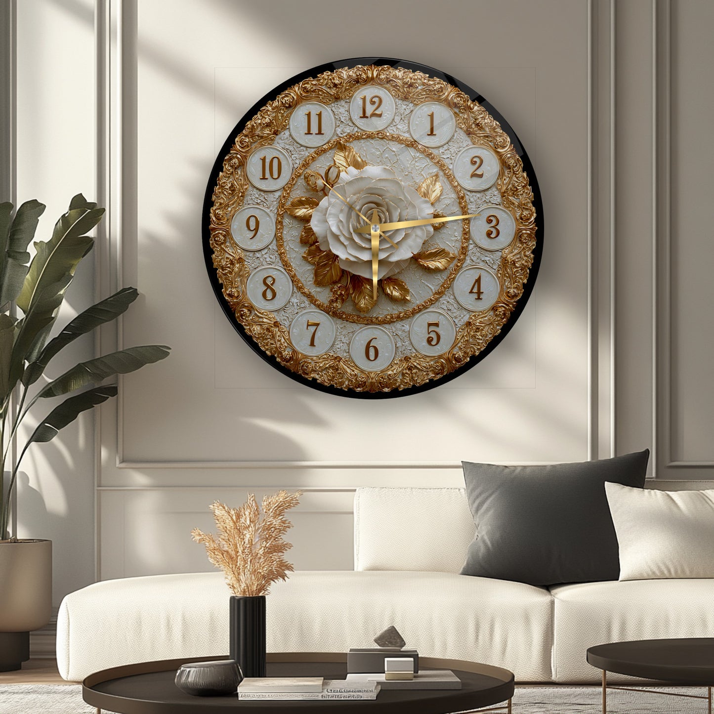 Gold Detay Beyaz Gül Cam Duvar Saati