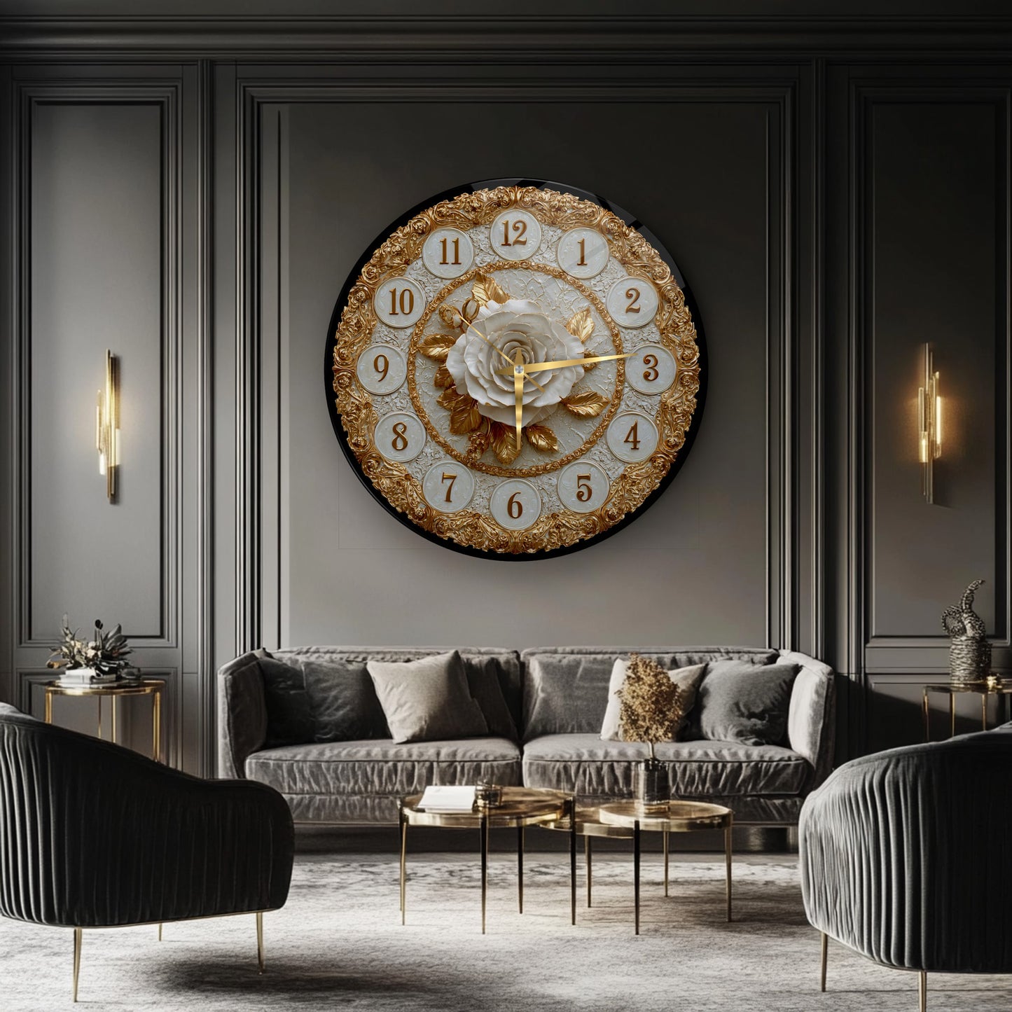 Gold Detay Beyaz Gül Cam Duvar Saati