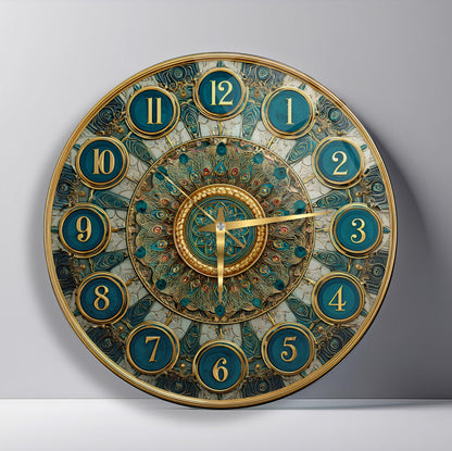 Yeşil Gold  Desen Cam Duvar Saati