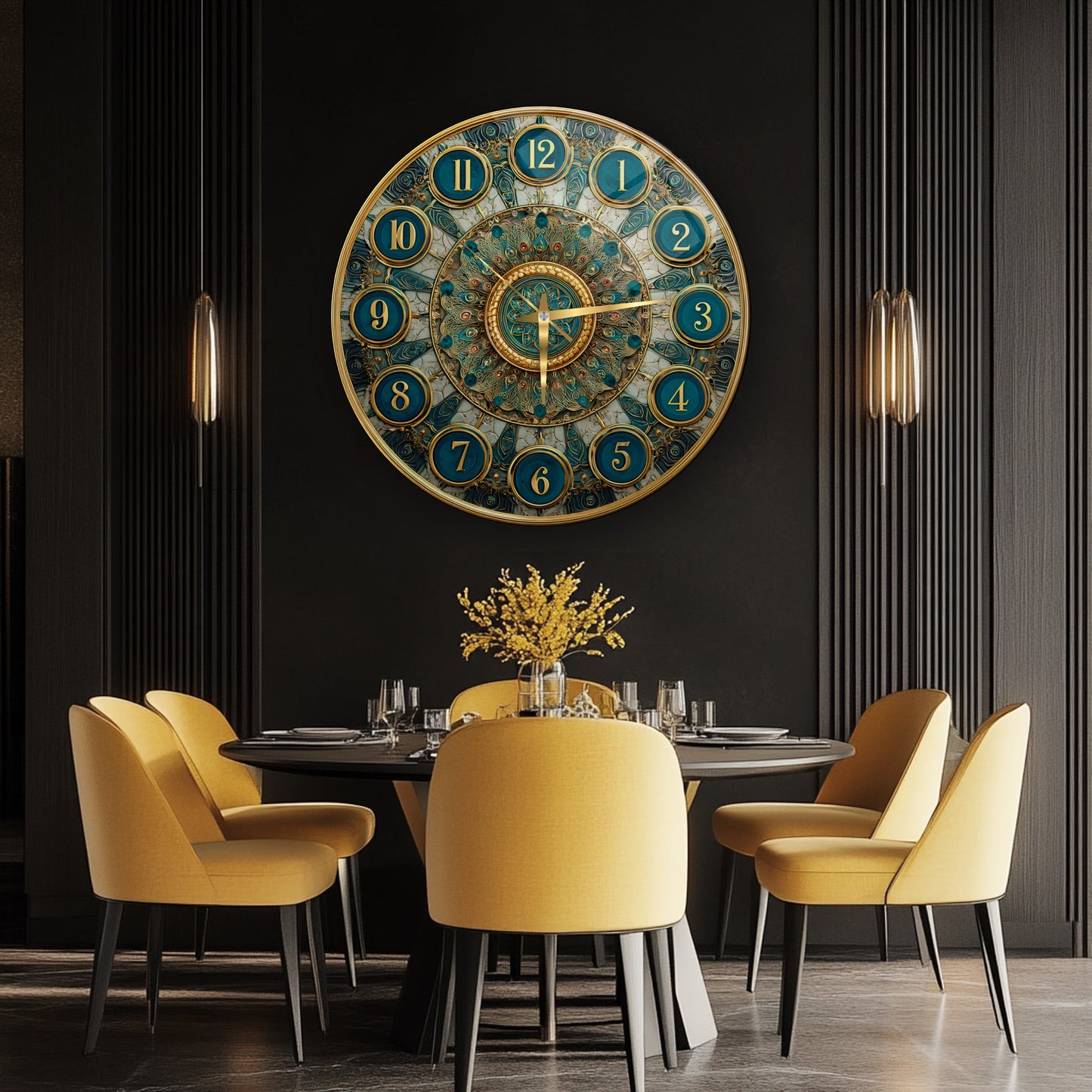 Yeşil Gold  Desen Cam Duvar Saati